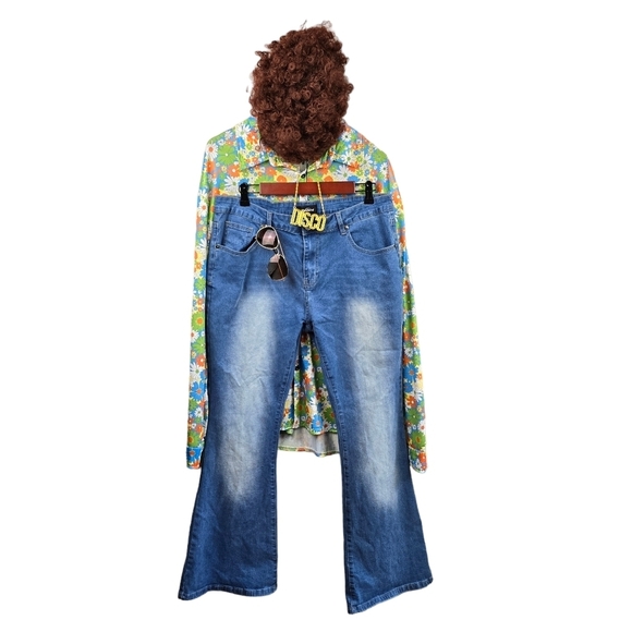 70s Costume Flare Jeans & Disco Outfit Floral Button-up Shirt Multi-color Men XL - Picture 3 of 16